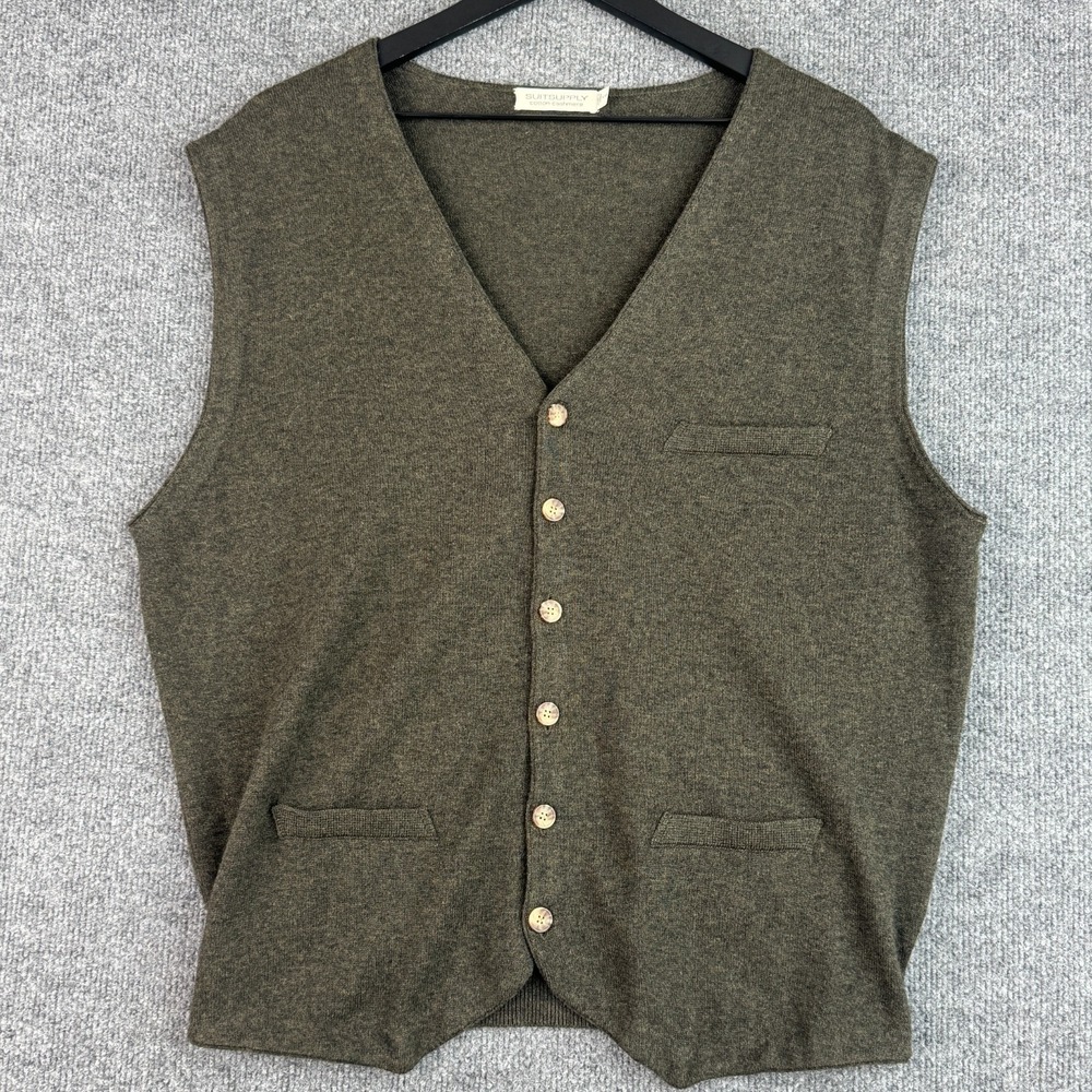 Suitsupply Sweater Vest Mens XXL Olive Cotton Cashmere Button Front Pockets